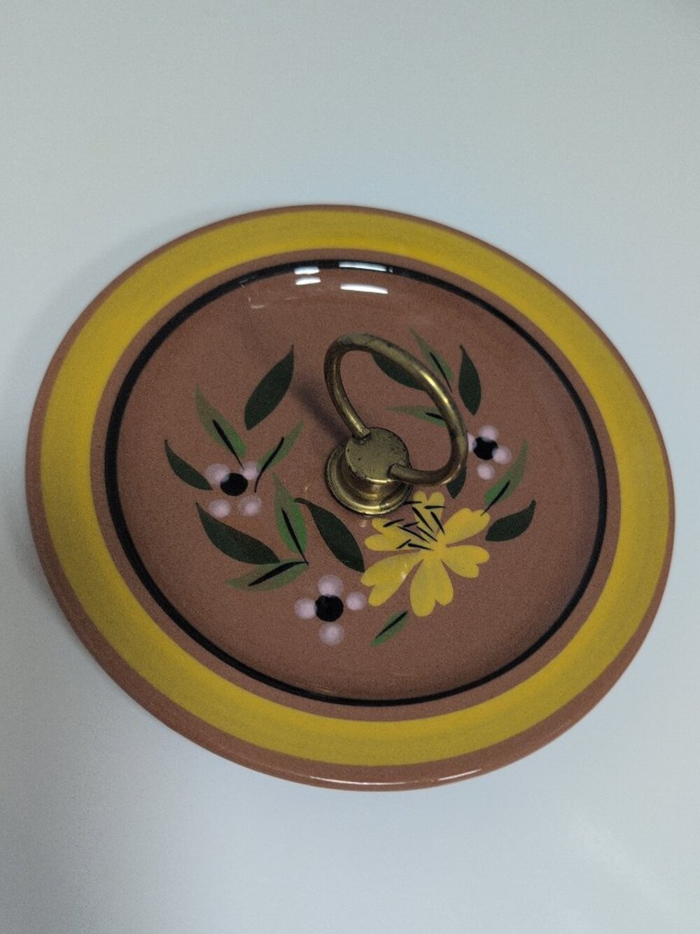Vintage Stangl Red Stoneware Hand Painted Yellow Flowers Tidbit Dish